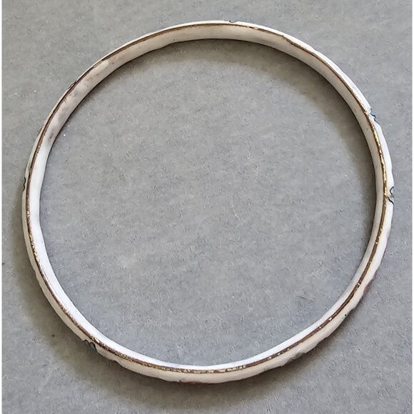 Vintage Cloisonné Large White Pink Green Flower Enamel Bangle Bracelet - Picture 6 of 10